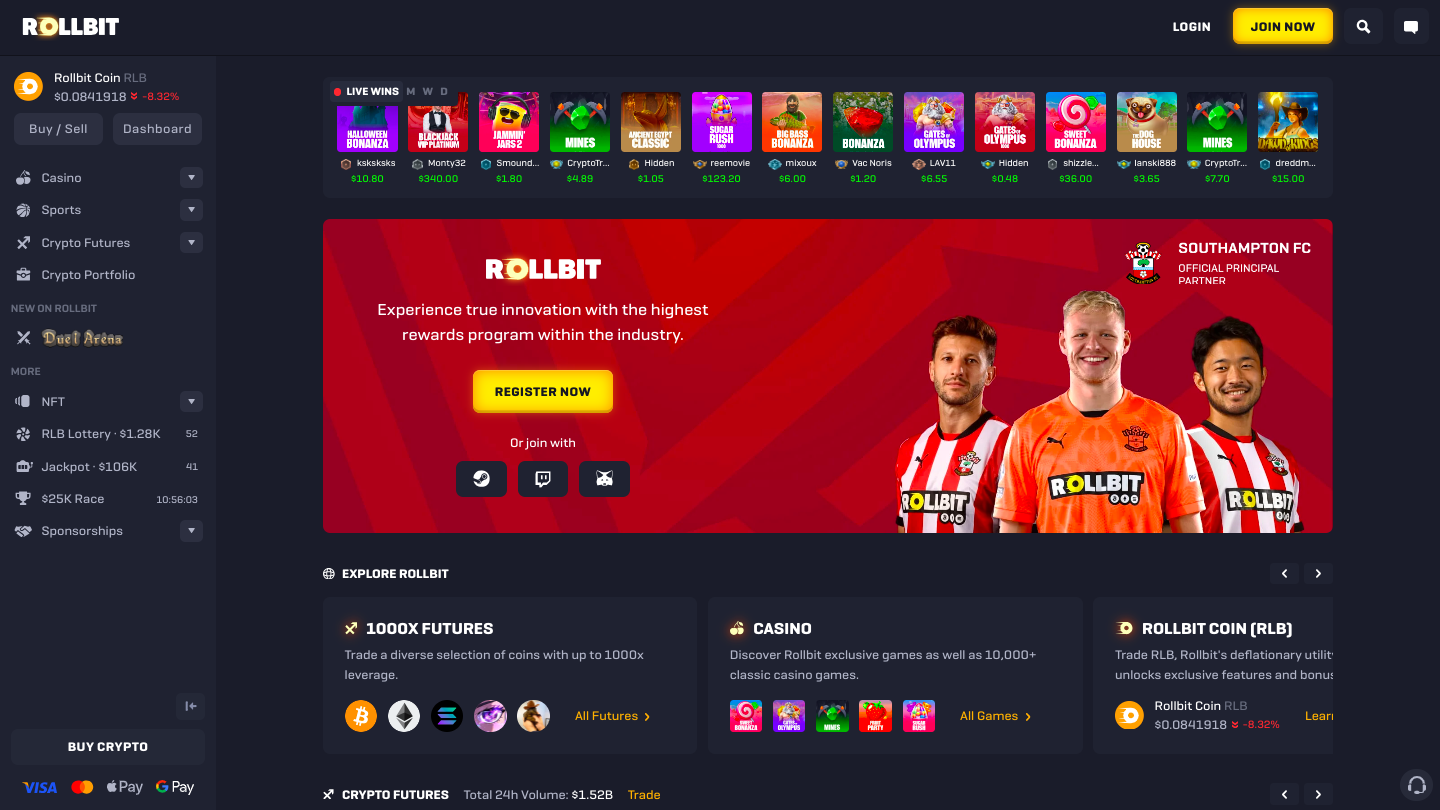 Rollbit Promo code - homepage CryptoBets
